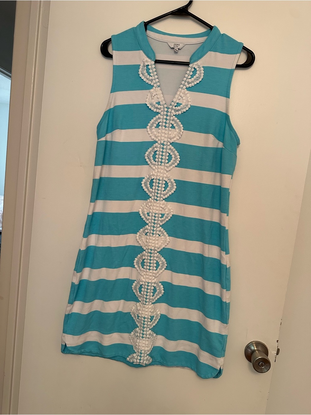 crown & ivy Turquoise and White Striped Sleeveless Dress with Center Trim